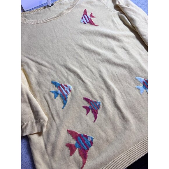 Talbots Women Yellow Embroidered Angel Fish Sweater 1X 3/4 Sleeve 100% Cotton - Picture 6 of 11